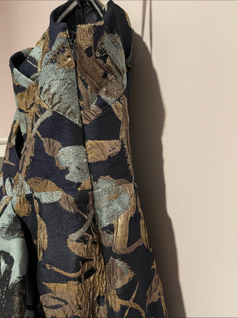 Adrianna Papell Black One-Shoulder Floral Jacquard Gown with Gold Accents - Picture 14 of 16
